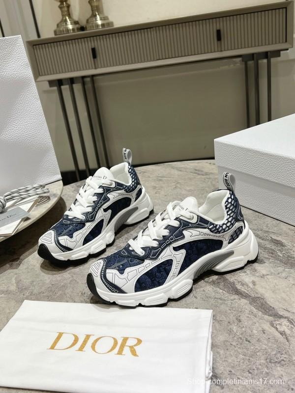 2025 Women Dior Navy White Mesh Leather Sneakers KFY00370