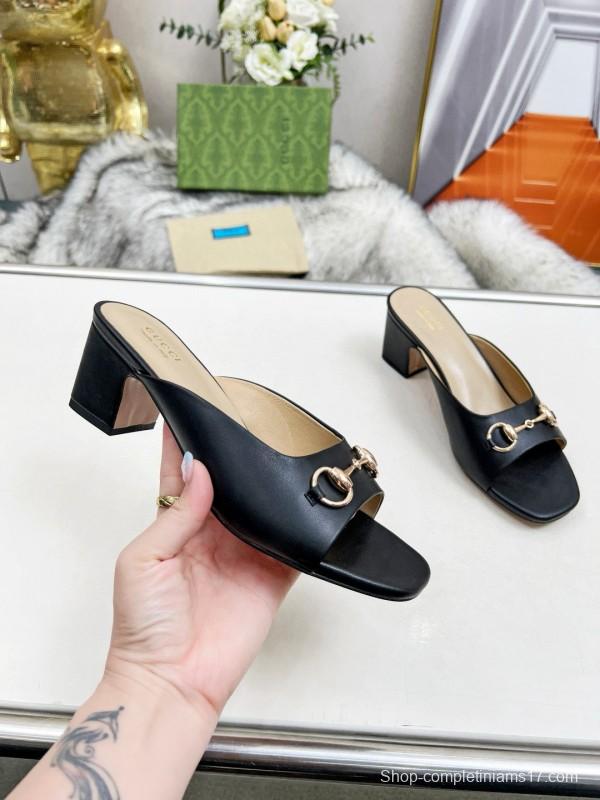 2025 Women Gucci Black Leather Mules Classic Buckle MJ00180