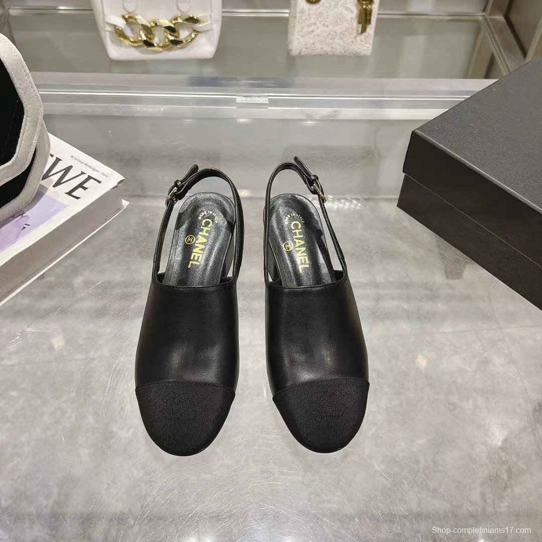 2025 Women Chanel Black Leather Slingback Heels LY00300