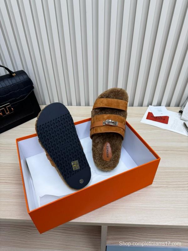 2024 Slippers Hermès Brown Suede Shearling Slippers MJ00300