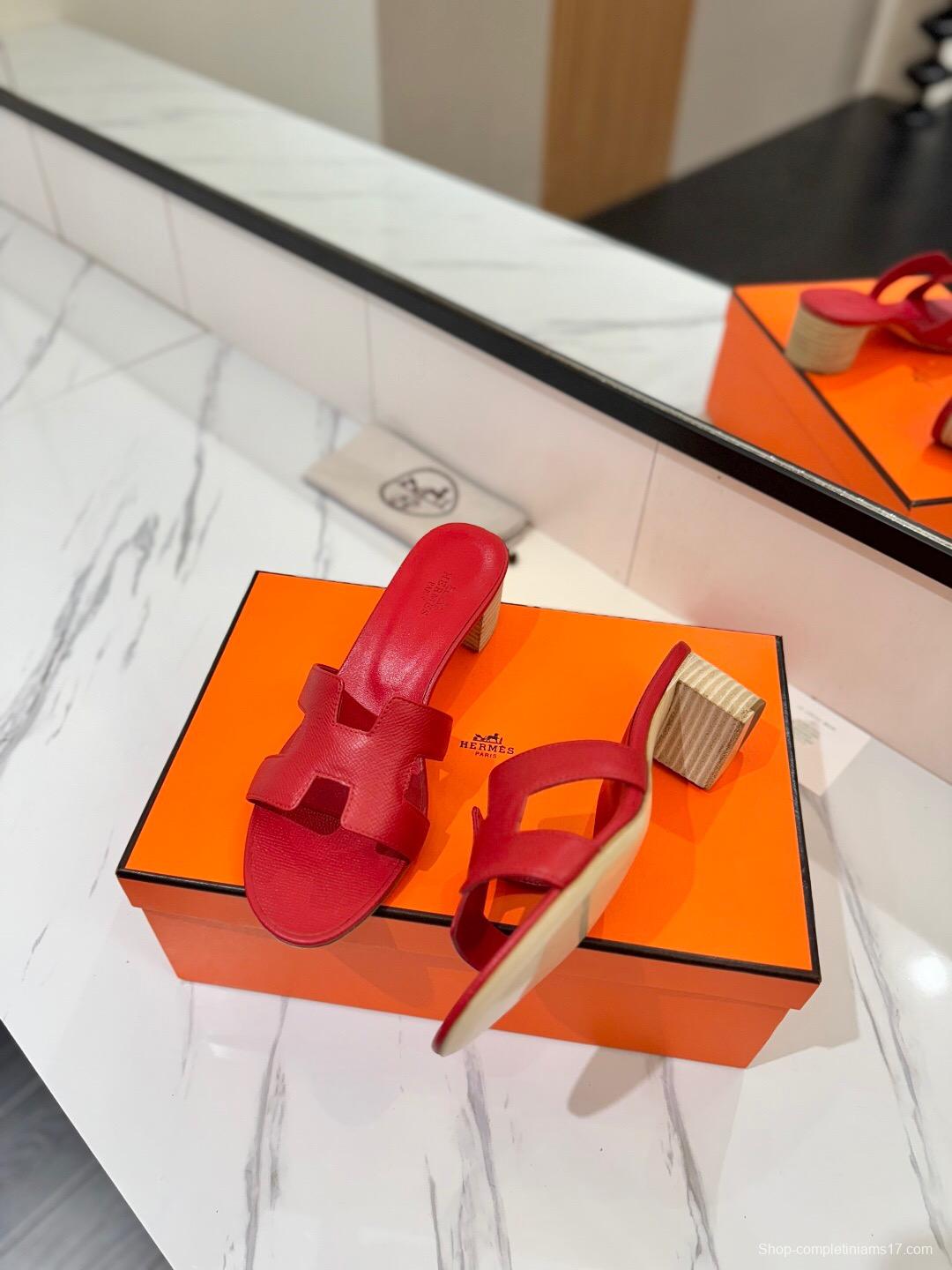 2025 Women Hermès Red Leather Slides