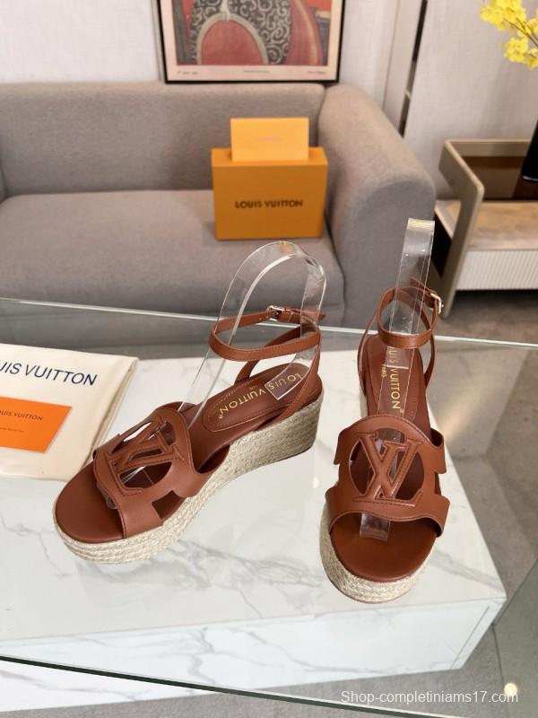 2025 Women Louis Vuitton Brown Leather Espadrille Wedge Sandals MJ00280