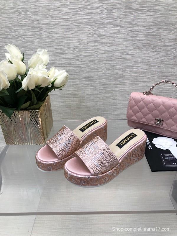 2025 Slippers Chanel Pink Rhinestone Platform Slip-On LY00320