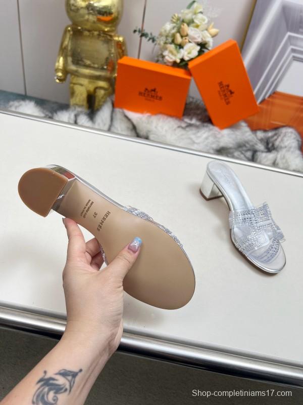 2025 Slippers Hermès Silver Leather Slippers MJ00180/215