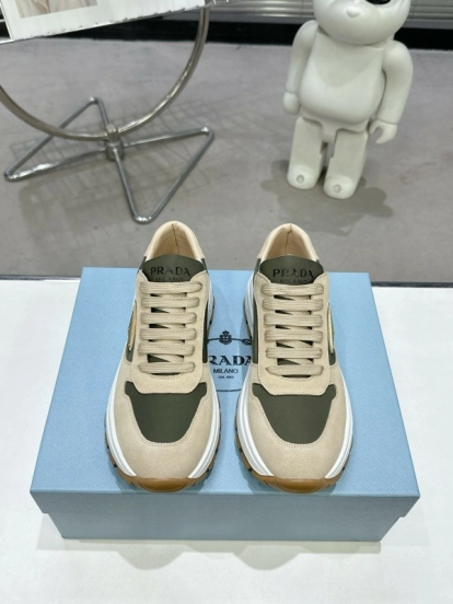 2025 Women Prada Beige Green Nubuck Leather Sneakers KFY00310