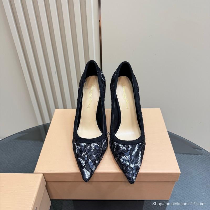 2025 Women Gianvito Rossi Black Lace Leather High Heel KFY00280