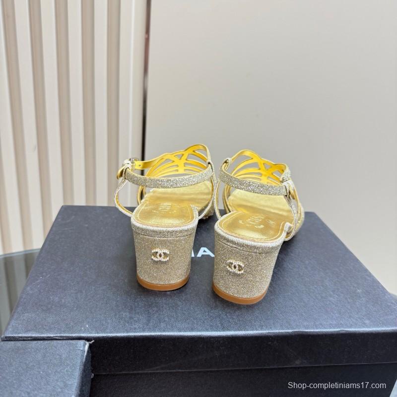 2025 Women Chanel Gold Leather Sandals KFY00290