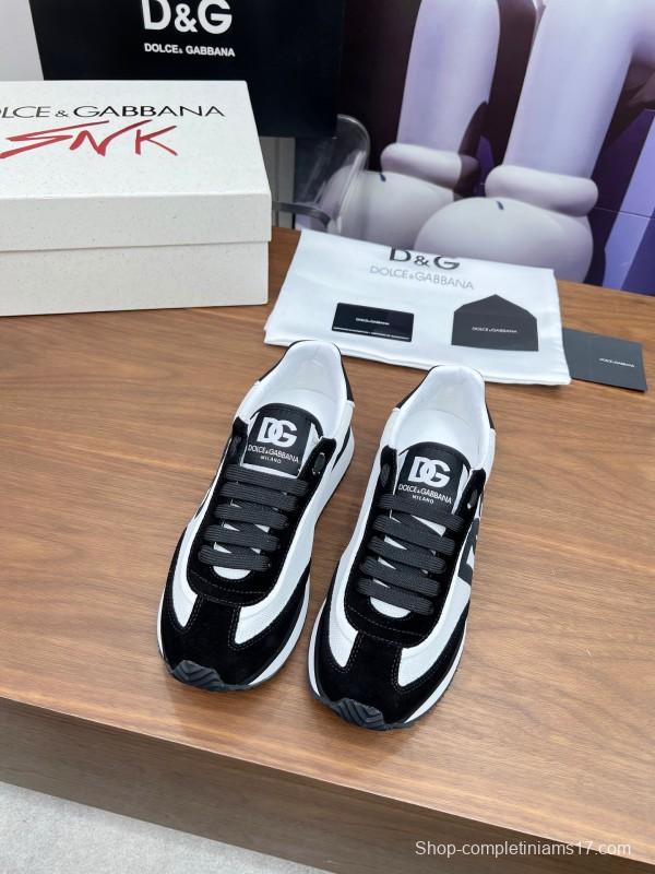 2025 Unisex Dolce & Gabbana Black White Mesh Suede Sneakers LY00300