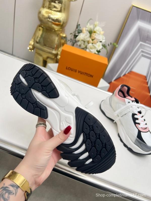 2025 Women Louis Vuitton White Black Pink Leather Mesh Sneakers LY00340