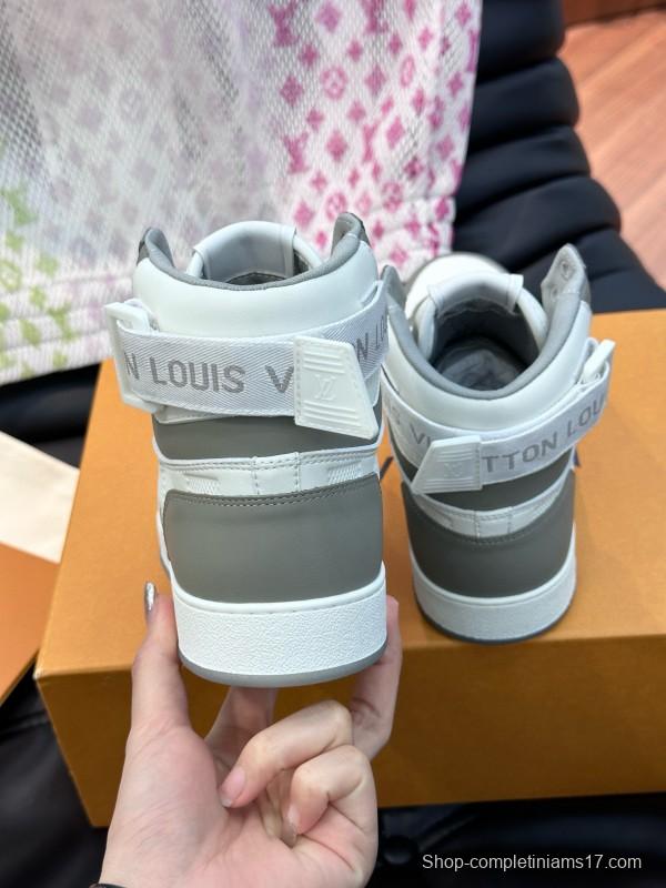 2024 Men Louis Vuitton White Grey Leather Canvas High Top Classic Sneakers MJ00420