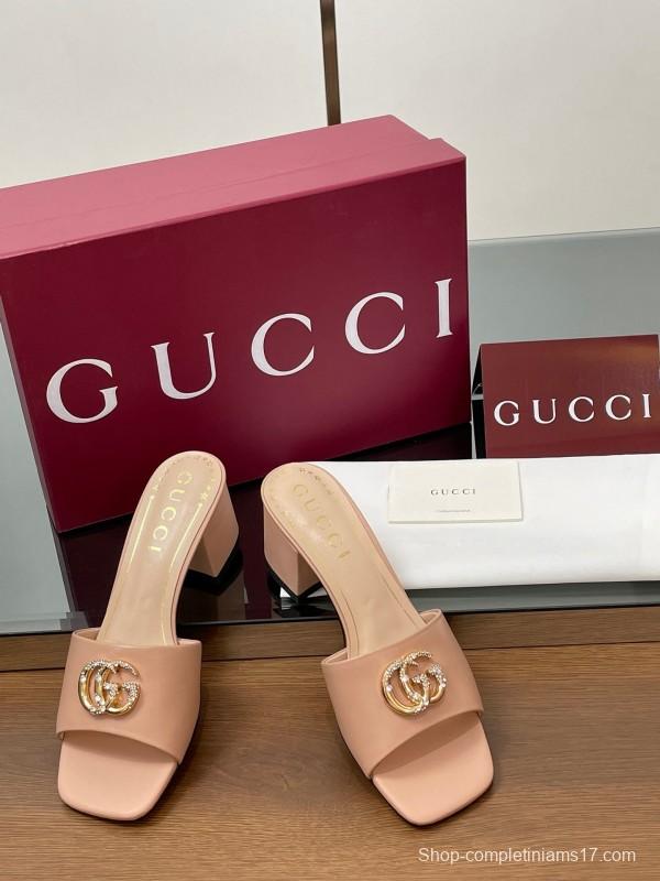 2025 Women Gucci Pink Leather Slippers GG Crystal Buckle LY00280