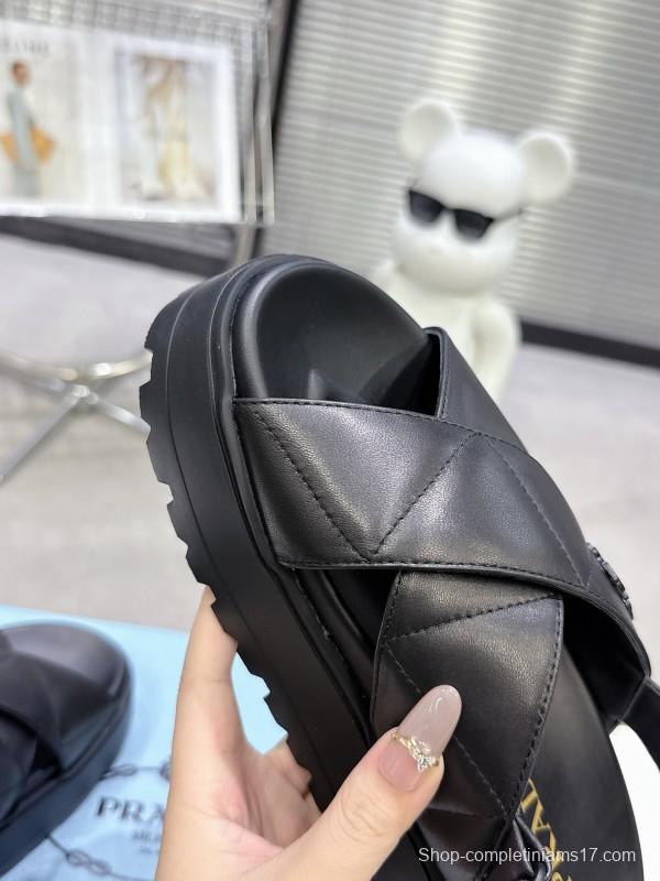 2025 Women Prada Black Leather Sandals