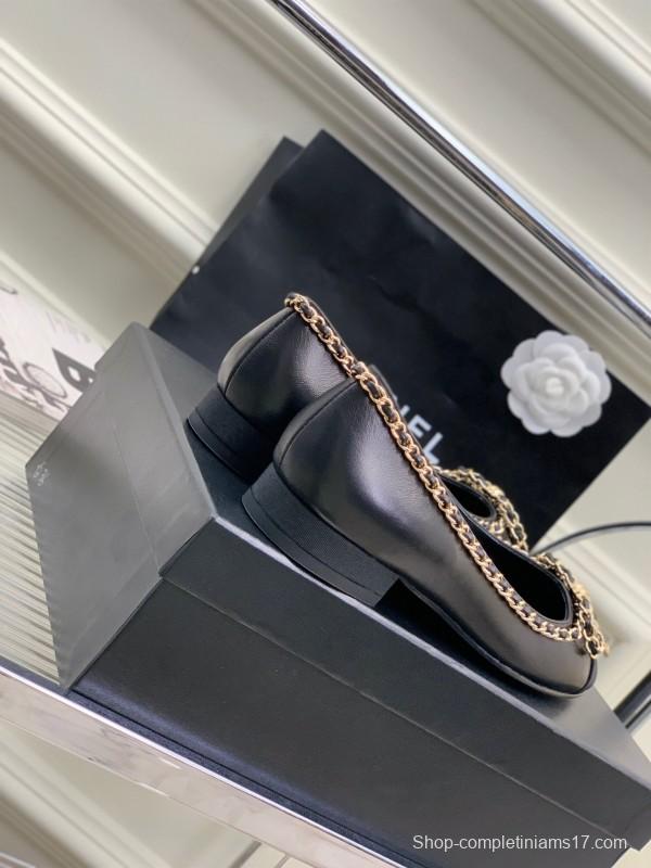 2025 Women Chanel Black Gold Leather Ballet Flats