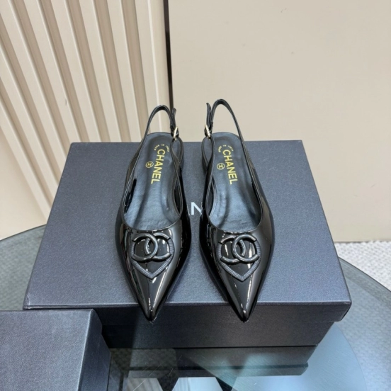 2025 Women Chanel Black Satin Leather Slingback Flats KFY00290