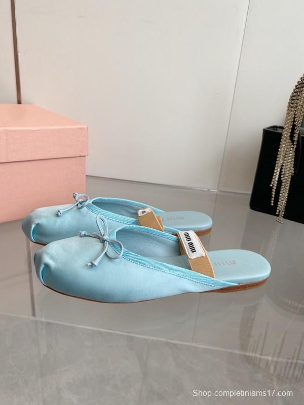 2025 Women Miu Miu Light Blue Satin Slip-On Ballet Flats KFY00280