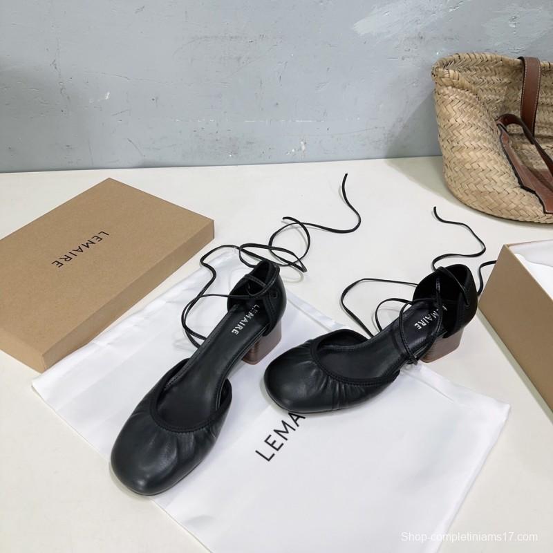 2025 Women LEMAIRE Black Leather Mary Jane Lace-up Shoes