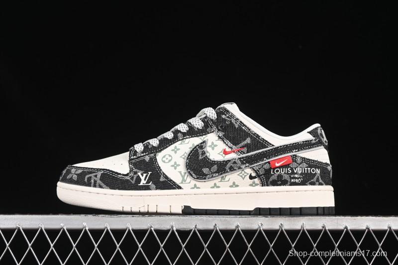 Nike SB Dunk Low LV Collaboration Black Denim Black Swoosh Anniversary High-End Custom Low-Top Casual Skate Shoes - YX5066-351