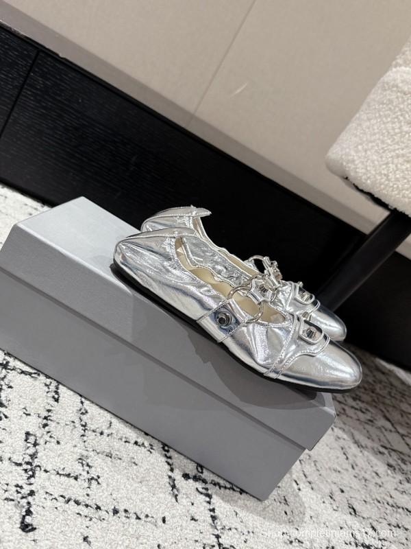 2025 Women BALENCIAGA Silver Leather Ballet Flats Metal Buckle KFY00300