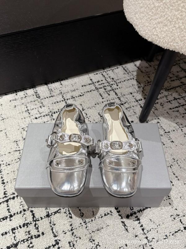 2025 Women BALENCIAGA Silver Leather Ballet Flats Metal Buckle KFY00300