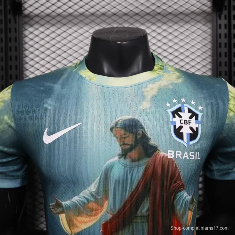 Player Version 2025 Brazil Light Blue with Jesus Christ Religious Artwork Jersey