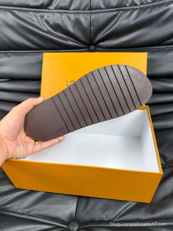 2025 Men Louis Vuitton Brown Leather Slippers AS00170