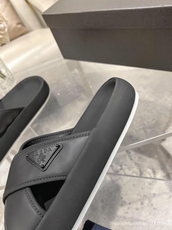 2025 Men Prada Black Leather Sandals KFY00220