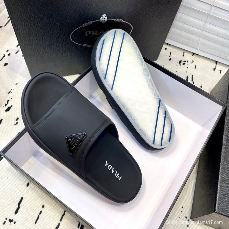 2025 Men Prada Black Fabric Slippers Logo KFY00230