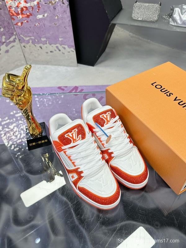 2025 Unisex Louis Vuitton Orange White Leather Plimsolls Handcrafted Rhinestones AS00400