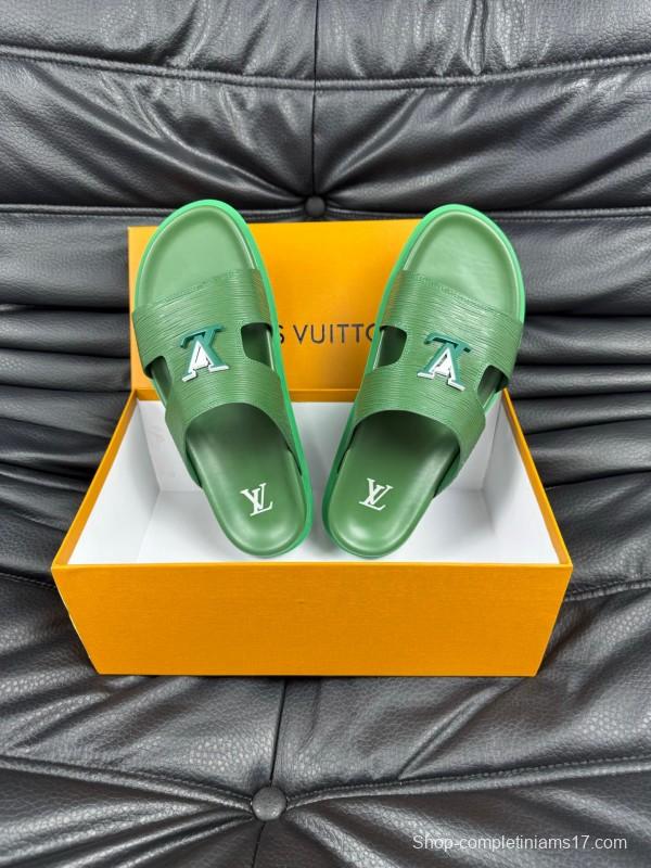 2025 Men Louis Vuitton Green Leather Slippers AS00170