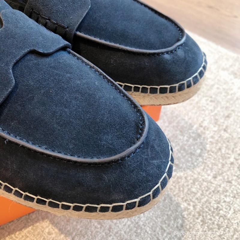 2025 Unisex Hermès Navy Blue Suede Calfskin Loafers AS00380