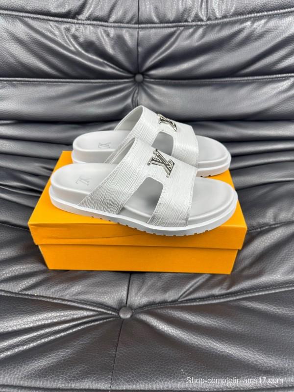 2025 Men Louis Vuitton White Leather Slippers AS00170