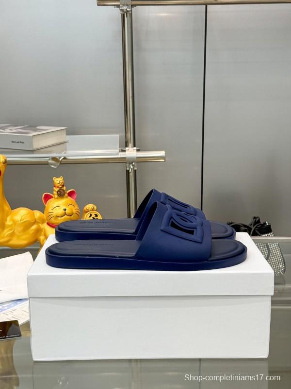 2025 Men Dolce & Gabbana Blue Leather Slippers KFY00150