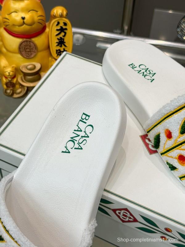 2025 Men CASA BLANCA White Green Red Embroidered Leather Slippers KFY00160