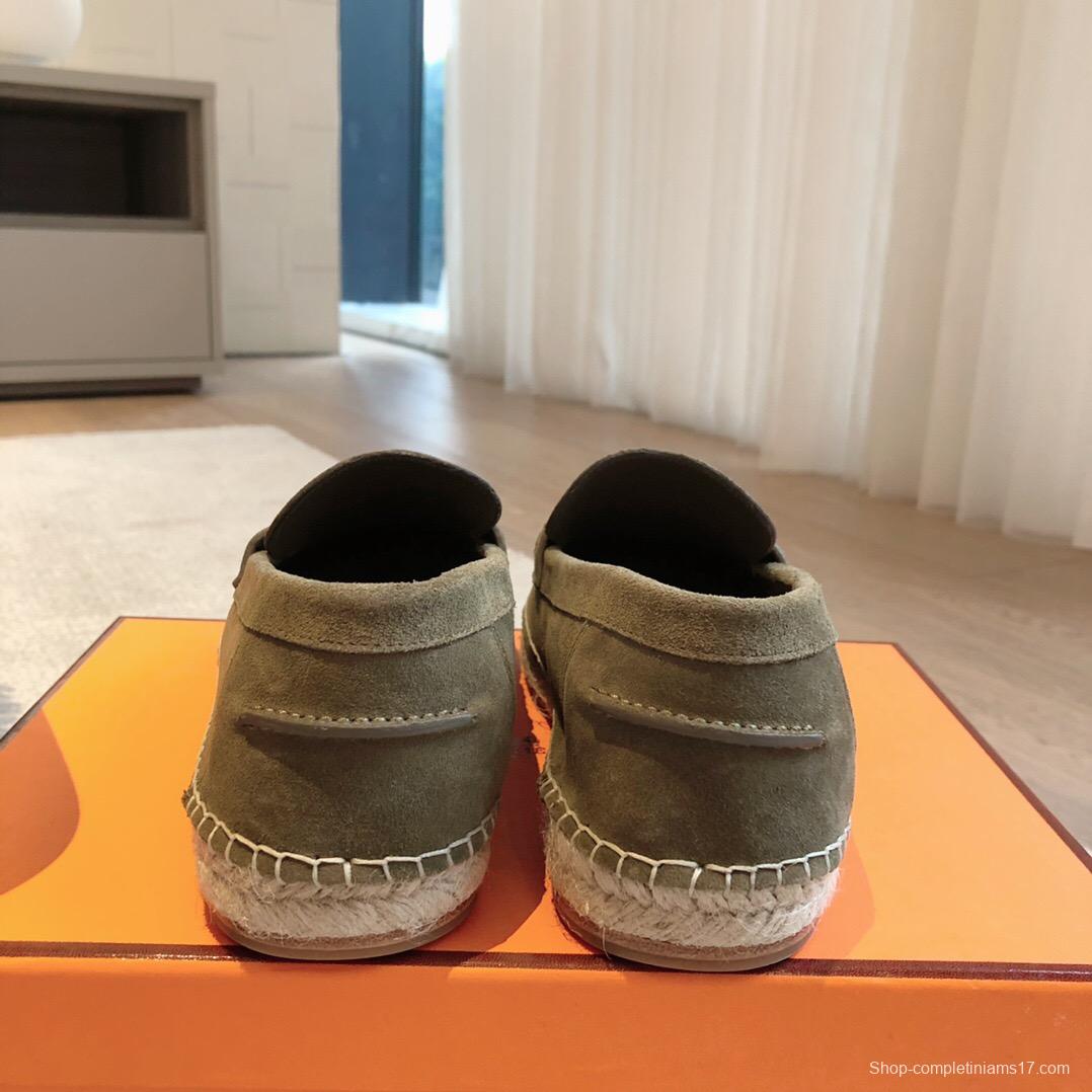 2025 Unisex Hermès Olive Suede Calfskin Loafers AS00380