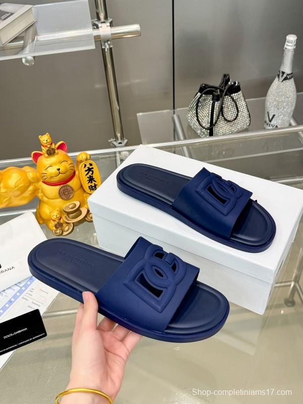 2025 Men Dolce & Gabbana Blue Leather Slippers KFY00150