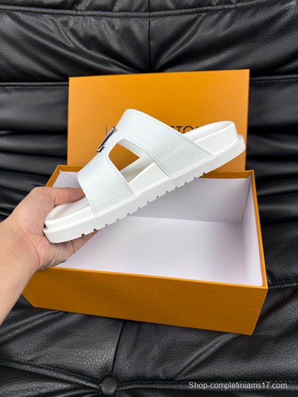 2025 Men Louis Vuitton White Leather Slippers AS00170