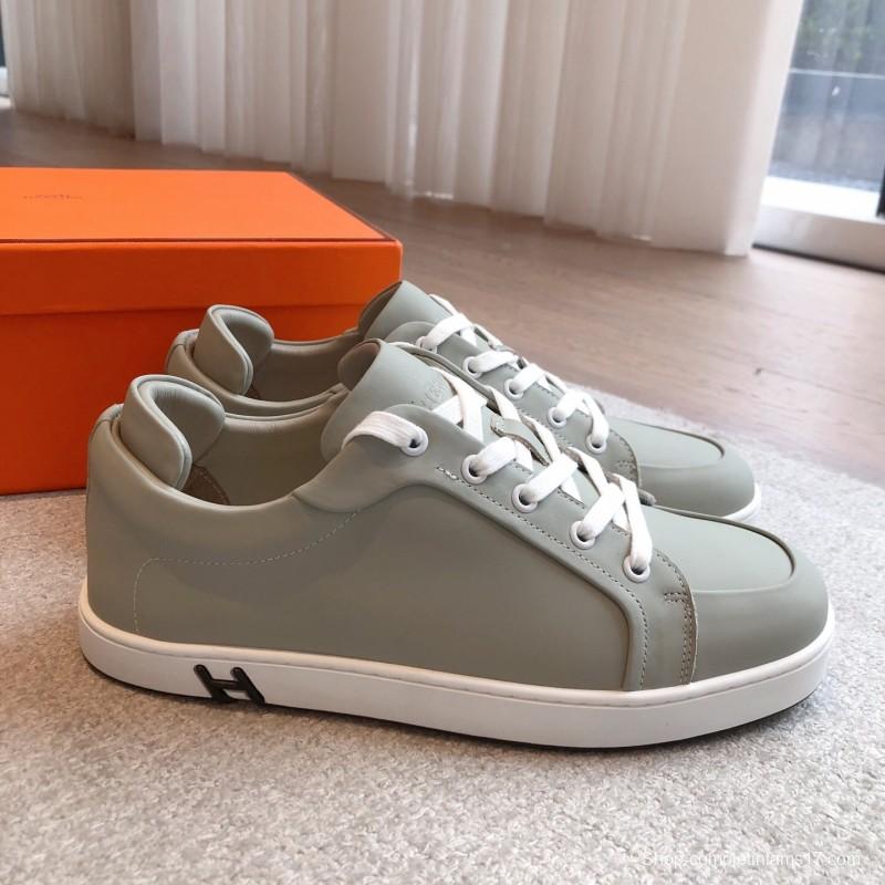 2025 Men Hermès Sage Green Leather Sneakers AS00380