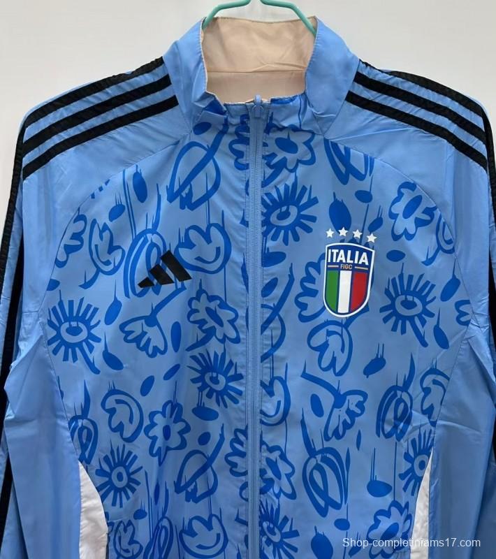 2025 Italy Light Blue/Beige with Floral Pattern Reversible Windbreaker