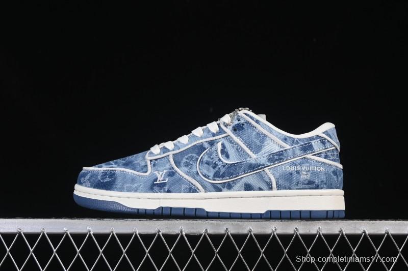 Nike SB Dunk Low LV Collaboration Light Blue Denim Anniversary High-End Custom Low-Top Casual Skate Shoes - SC0601-468
