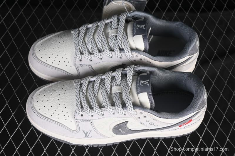 Nike SB Dunk Low LV Collaboration Gray White Double Swoosh Anniversary High-End Custom Low-Top Casual Skate Shoes - CX5050-Y20