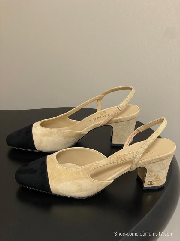 Chanel Sling-back Two-Tone Suede Slingback Sandals Flat/Block Heel - KFY00280