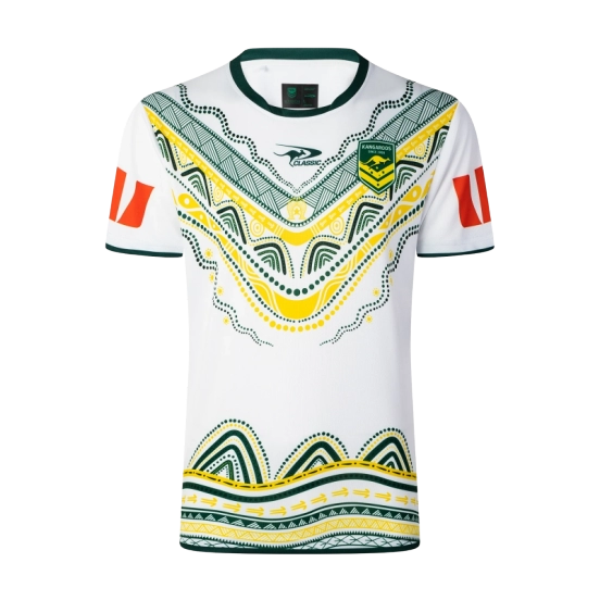 2026 Australia Kangaroos Away White with Green Trim and Indigenous Aboriginal Dot Art Pattern Jersey