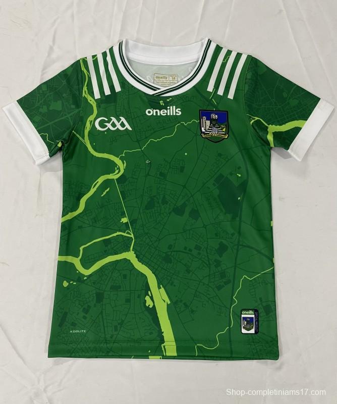 25/26 Kids Limerick GAA Green with River Map Pattern Home Jersey