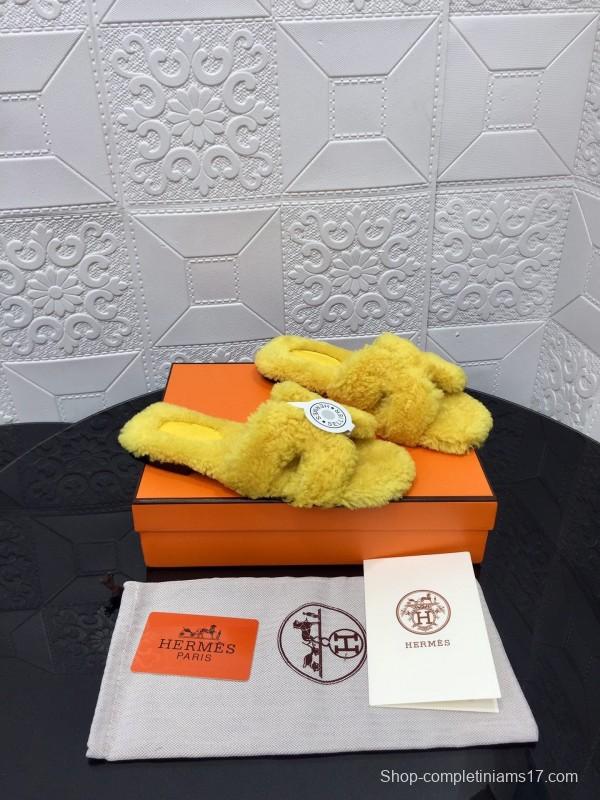 H Teddie Wool H Slippers Flat Sole Fur Slides - LY00240