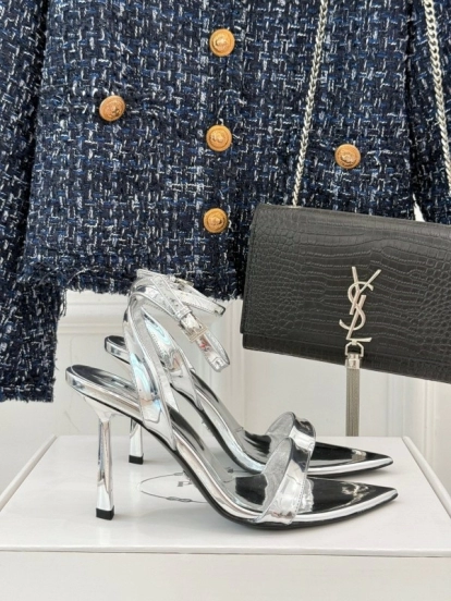 Prada 2025 SS Pointed Toe High Heel Sandals with Triangle Buckle - KFY00280