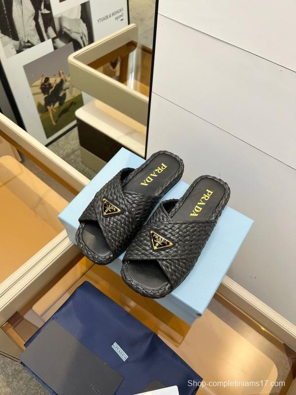 Prada 2025 SS Raffia Handwoven Cross Strap Sandals - KFY00260