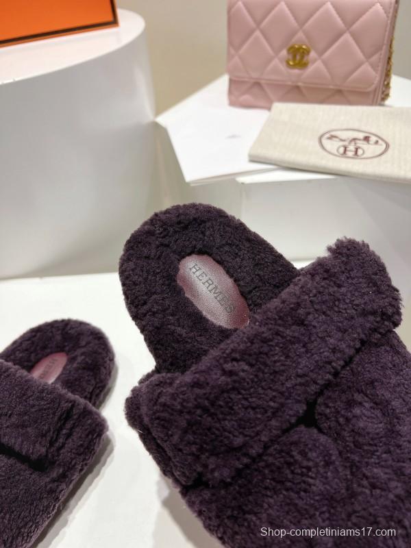 H Love Erjiu Full Wool Slippers with Slightly Curled Fur - LY00270