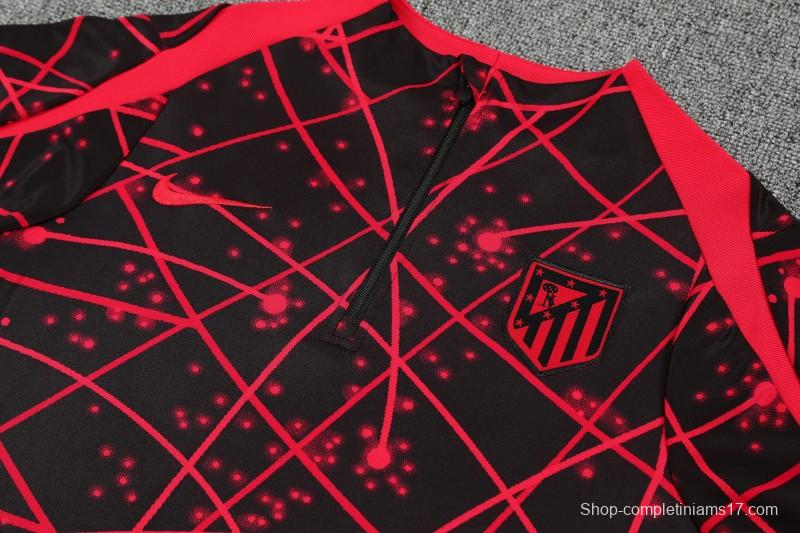 25/26 Atletico Madrid Black with Red Geometric Lines Pattern Half Zipper Jacket Tracksuit +Long Pants