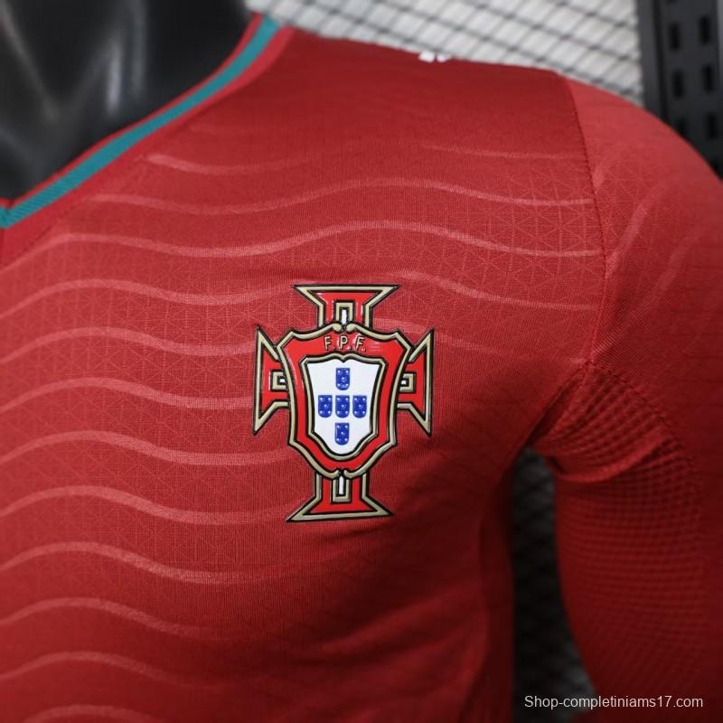 Player Version 2026 Portugal Home Long Sleeve Red with Horizontal Wave Pattern Jersey