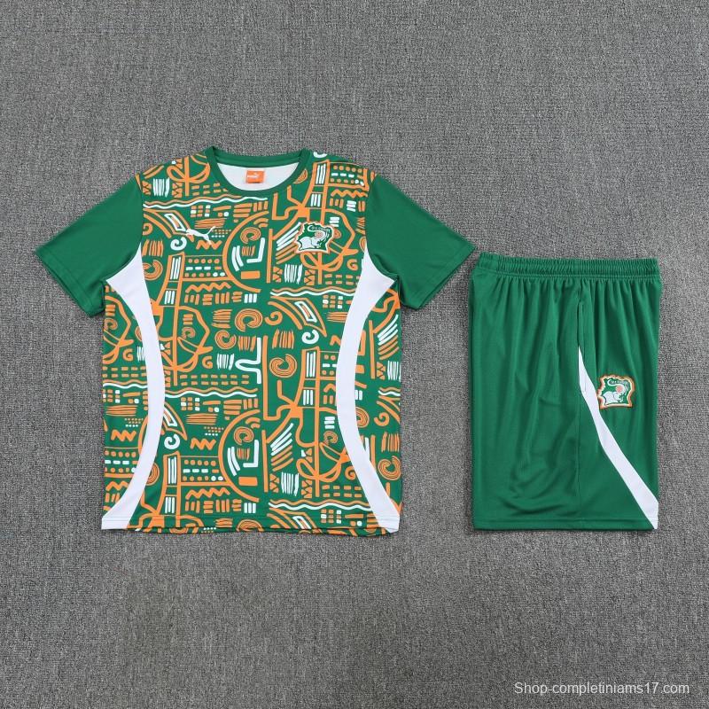 25/26 Côte d'Ivoire Green Tribal Print Short Sleeve Training Suit + Shorts